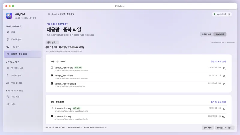 키티 디스크 중복 파일 화면: 추천 보존과 선택한 사본