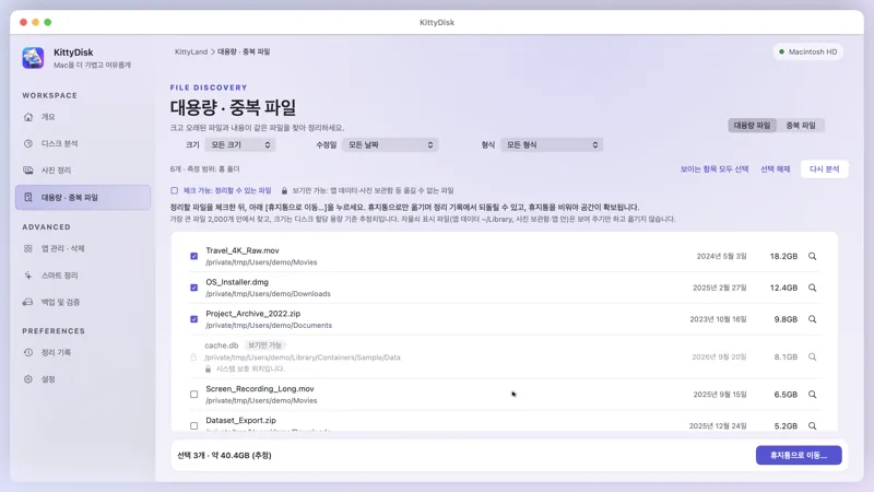 키티 디스크 대용량 파일 화면: 체크한 파일과 선택 용량