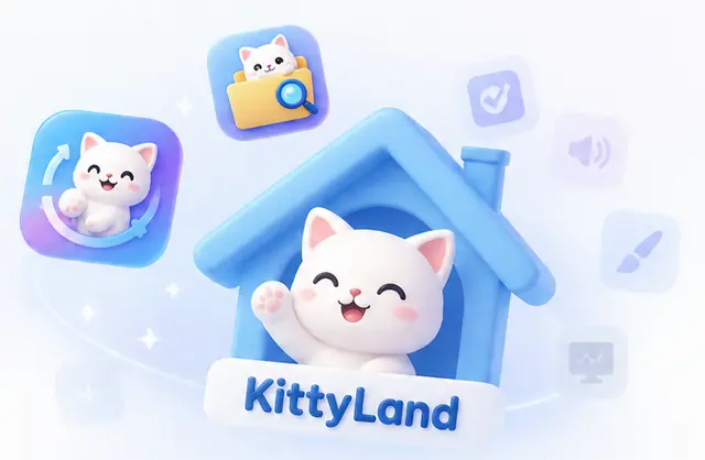 KittyLand 브랜드 하우스 고양이와 키티킷·키티 익스플로러 아이콘이 함께 있는 히어로 비주얼
